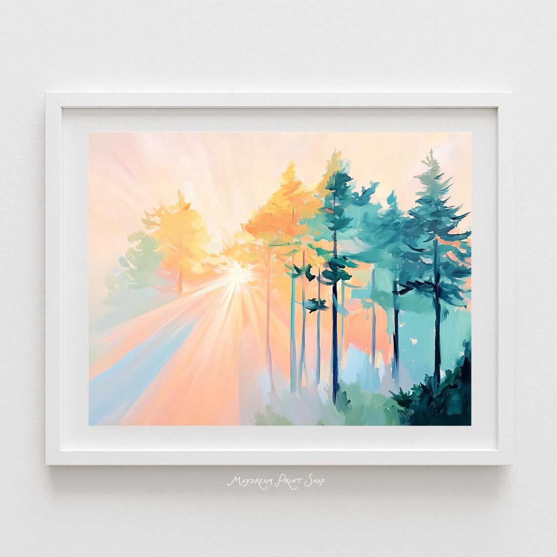Sunrise Pine Forest Pastel Painting Radiant Light Nature Poster