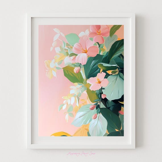 Peach Hibiscus Tropical Flower Painting Pastel Colorful Wall Art For Home Decor Beach Bedroom Pink And Green Leaves