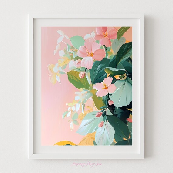 Peach Hibiscus Tropical Flower Pastel Botanical Painting Wall Art
