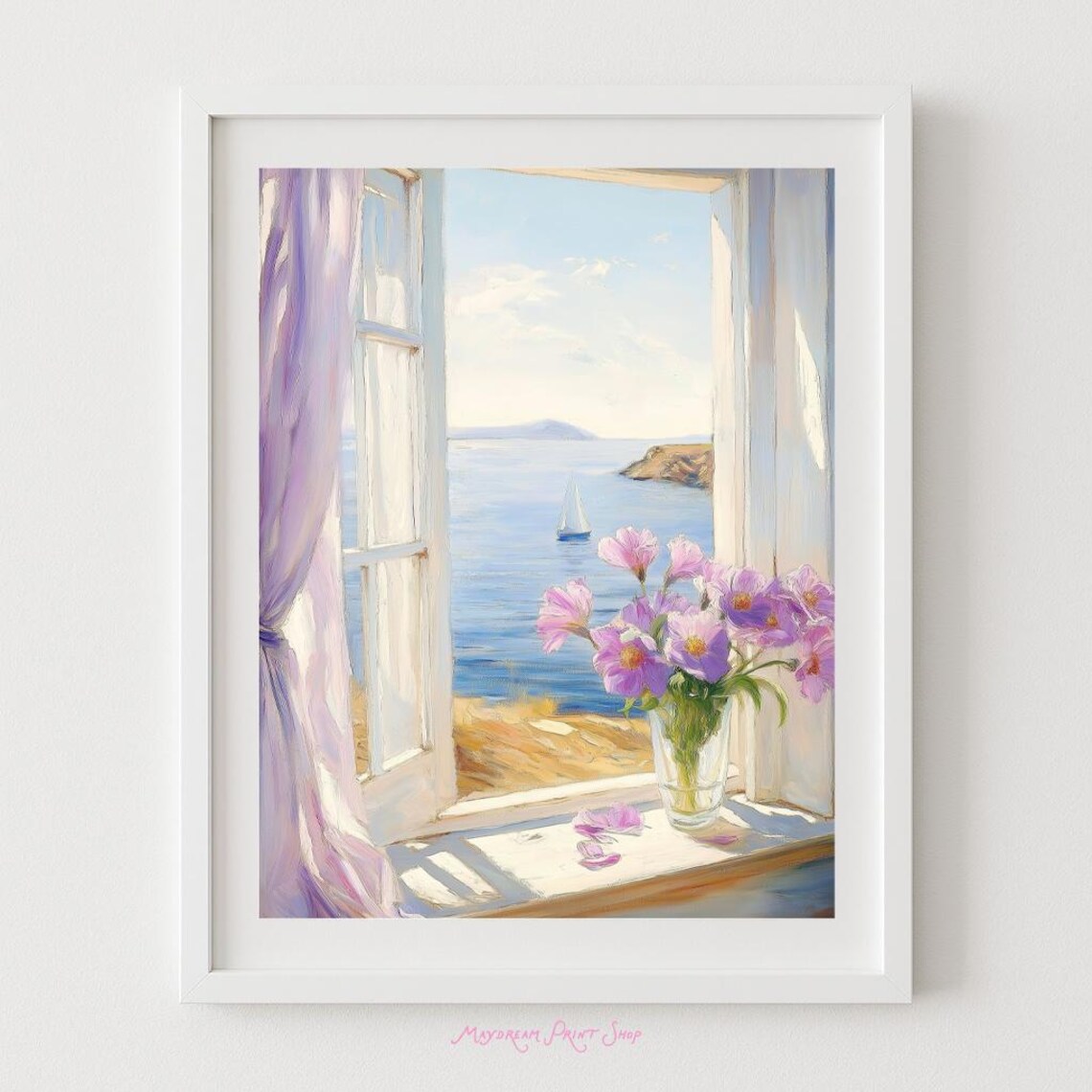 Purple Floral Window Coastal Bay View Sailboat Painting Poster