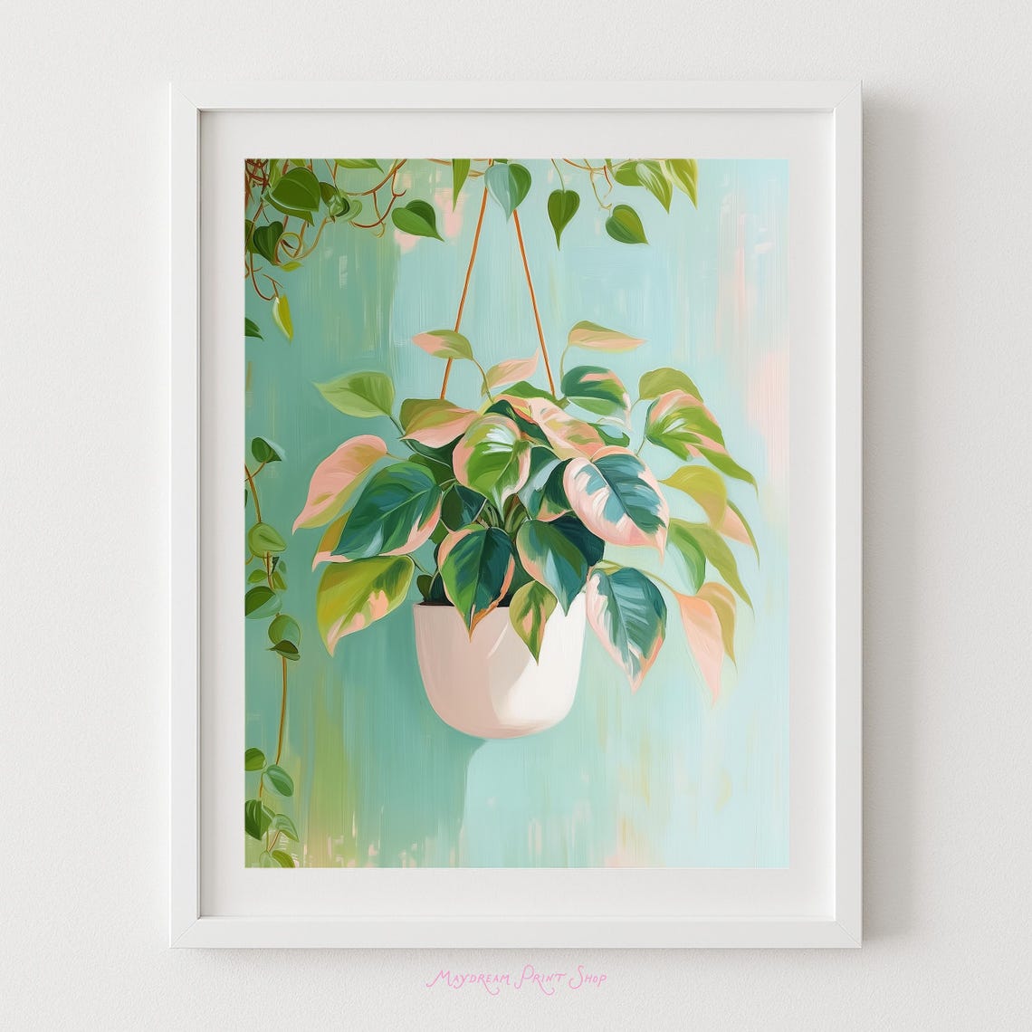 Hanging Variegated Pothos Houseplant Pastel Botanical Art Print