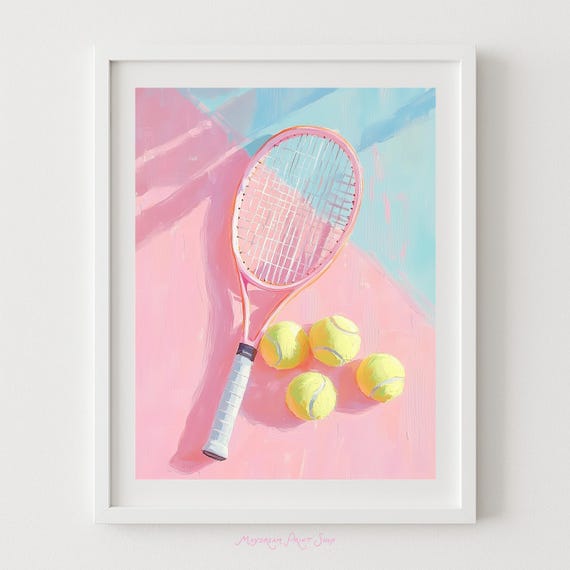 Pink Tennis Art Print Retro Pastel Sports Wall Playful Painting Balls And Racket 80s Style Athletic Decor