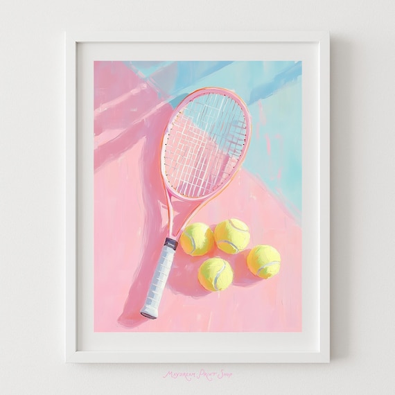 Pink Tennis Racket and Balls Pastel Retro Sports Decor Poster