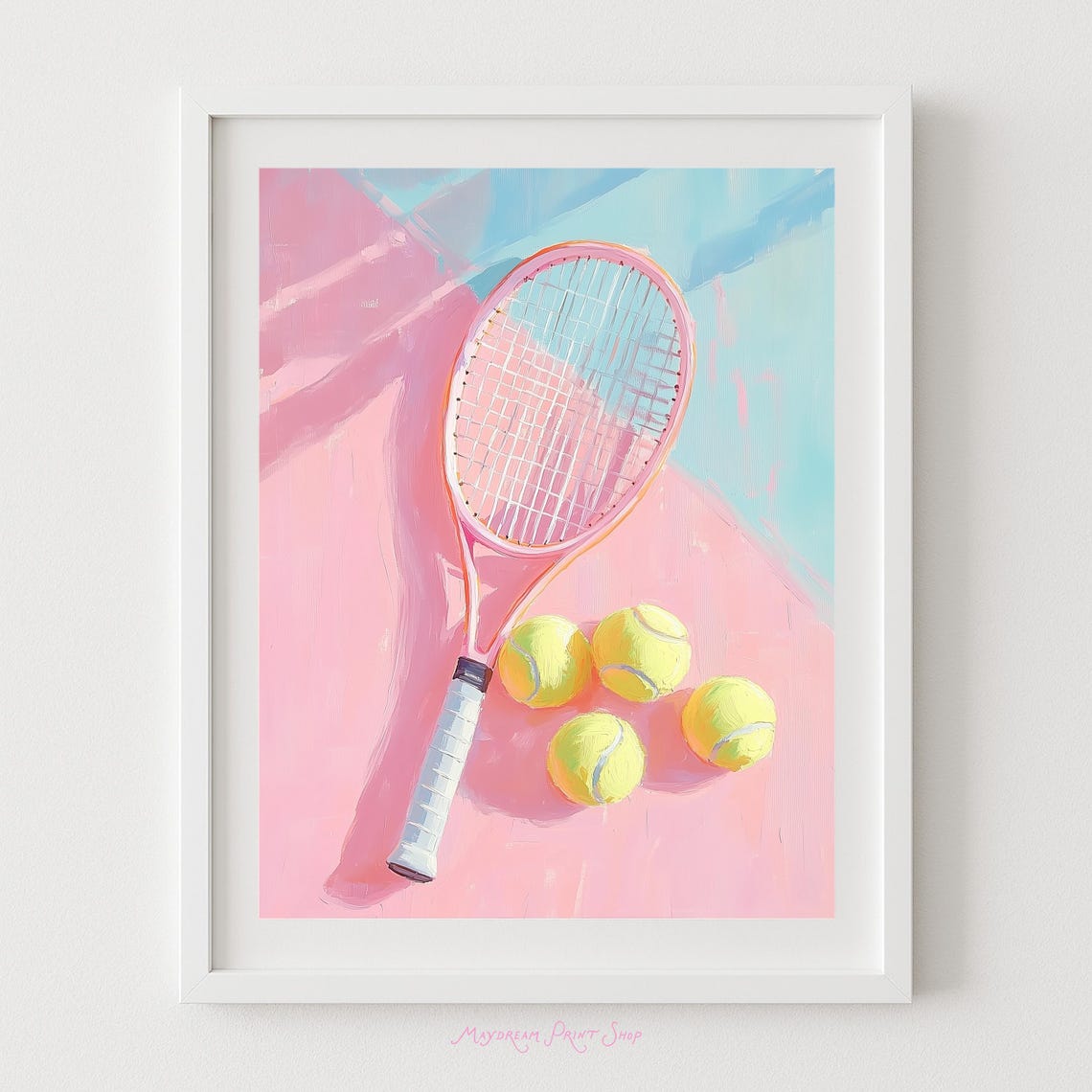 Pink Tennis Racket and Balls Pastel Retro Sports Decor Poster