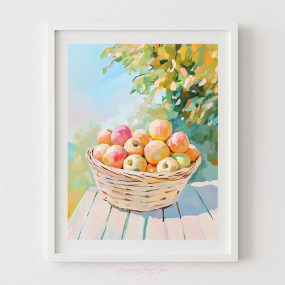 Basket Of Apples Art Summer Fruit Decor Country Painting Orchard Instant Pastel Harvest Still Life Farmhouse