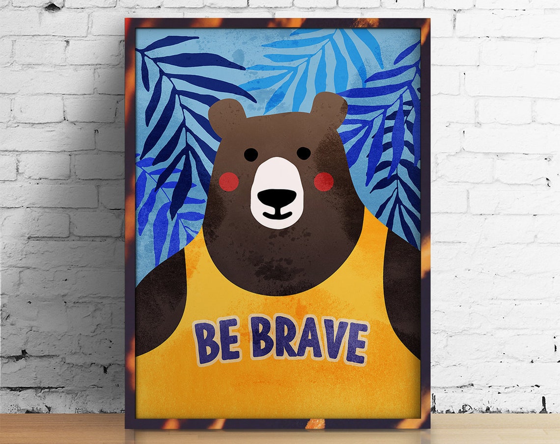Be Brave Bear Wearing Yellow Jersey Kids Motivational Art Poster - Image 3