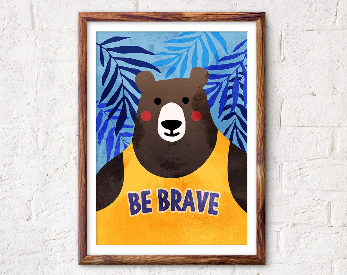 Be Brave Bear Wearing Yellow Jersey Kids Motivational Art Poster - Image 4