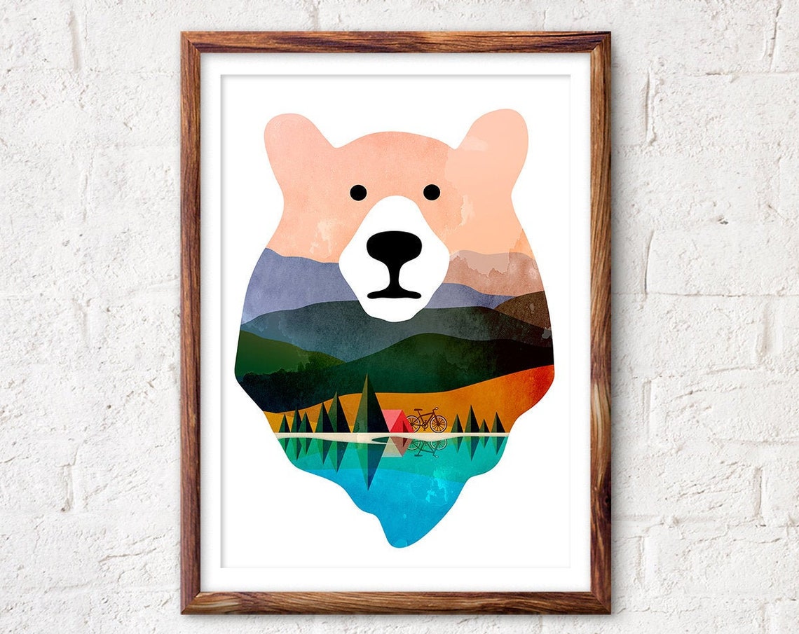 Bear Head Double Exposure Camping Scene Tent Bicycle Lake Art Poster