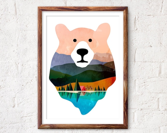 Bear Head Double Exposure Camping Scene Tent Bicycle Lake Art Poster