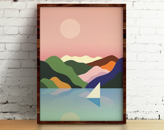 Colorful Geometric Sailboat Mountain Lake Sunset Sailing Art Poster