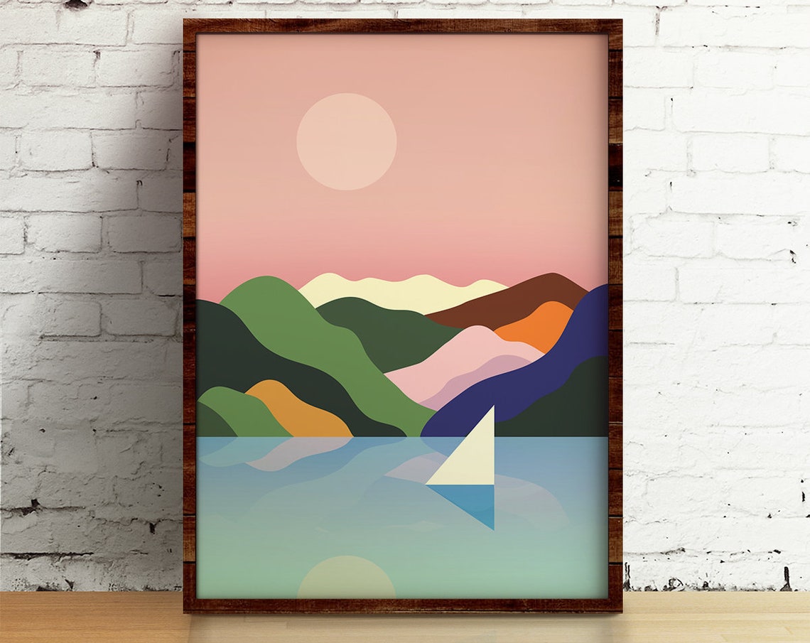 Colorful Geometric Sailboat Mountain Lake Sunset Sailing Art Poster