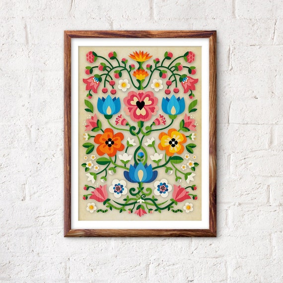 Mountain Flowers Folk Motif Art Print, Home Decor