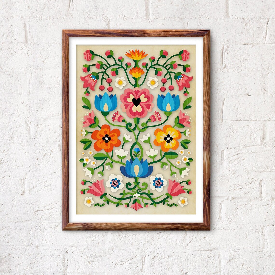Mountain Flowers Folk Motif Art Print, Home Decor