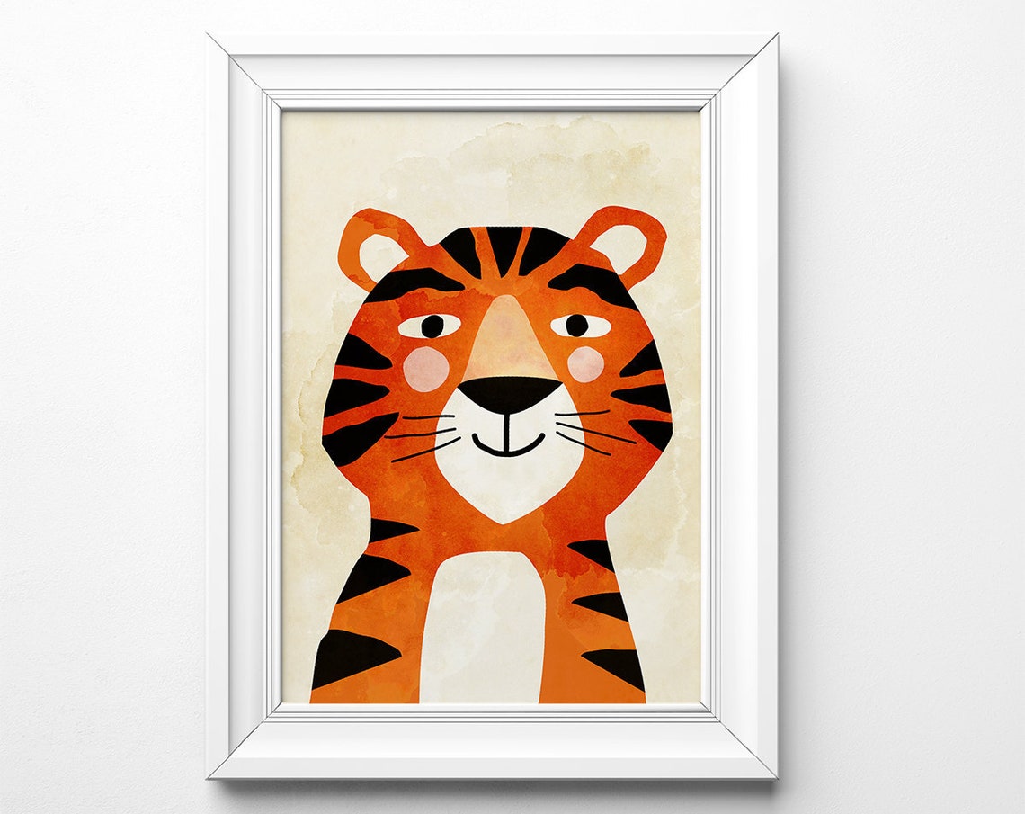 Cute Smiling Tiger Face Orange Watercolor Nursery Kids Room Art Poster - Image 3