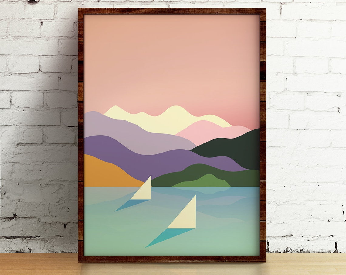 Sailing Art Print, Mountains and Ocean Illustration