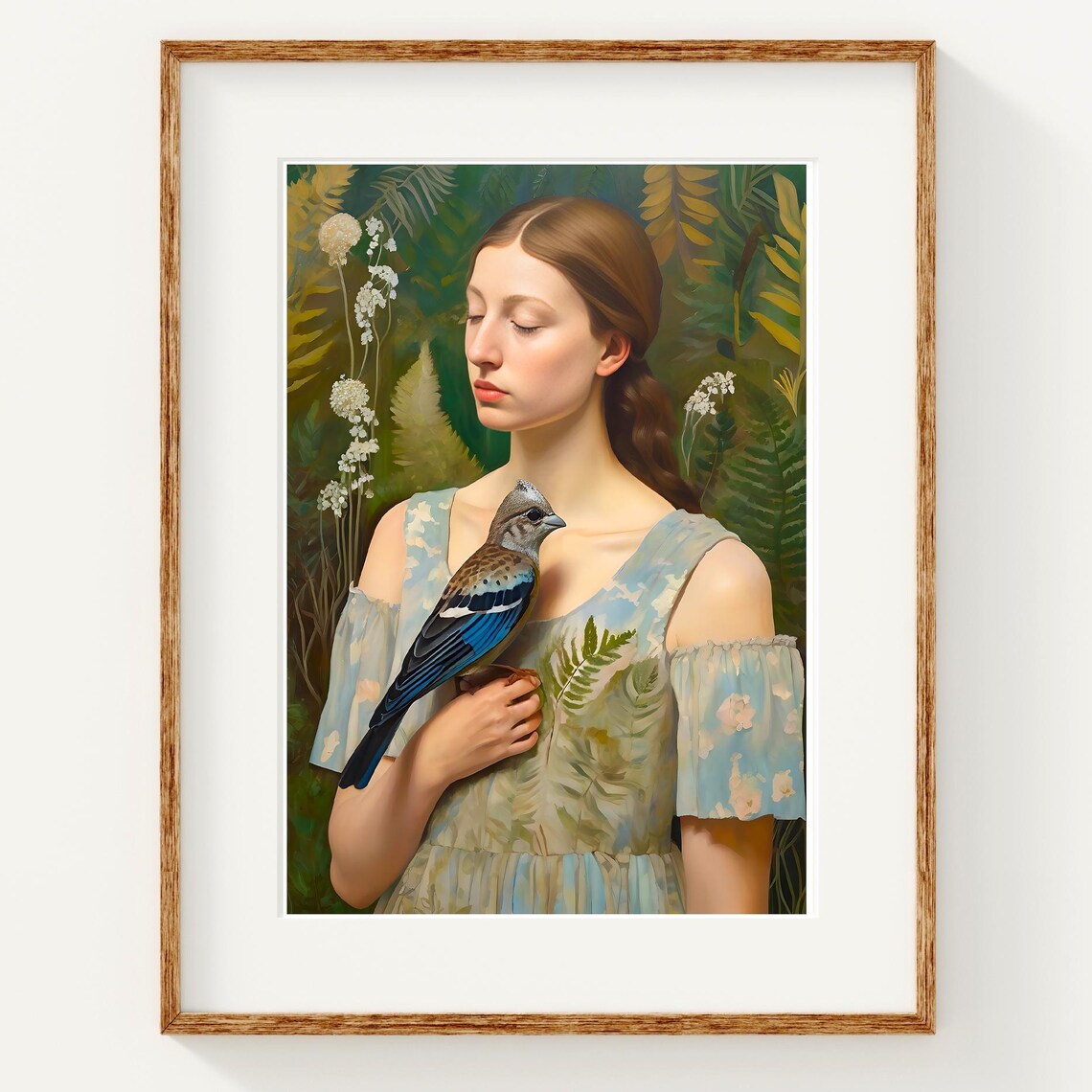 Woman With Blue Bird Fern Botanical Fine Art Portrait Poster