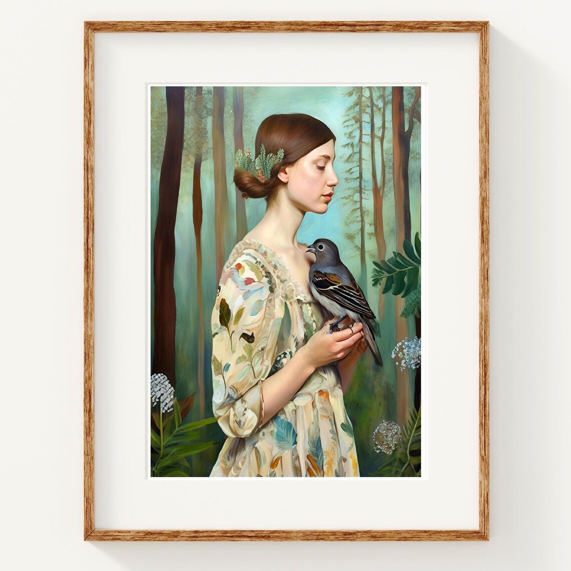 Woman In Forest Holding Bird Floral Dress Botanical Art Poster
