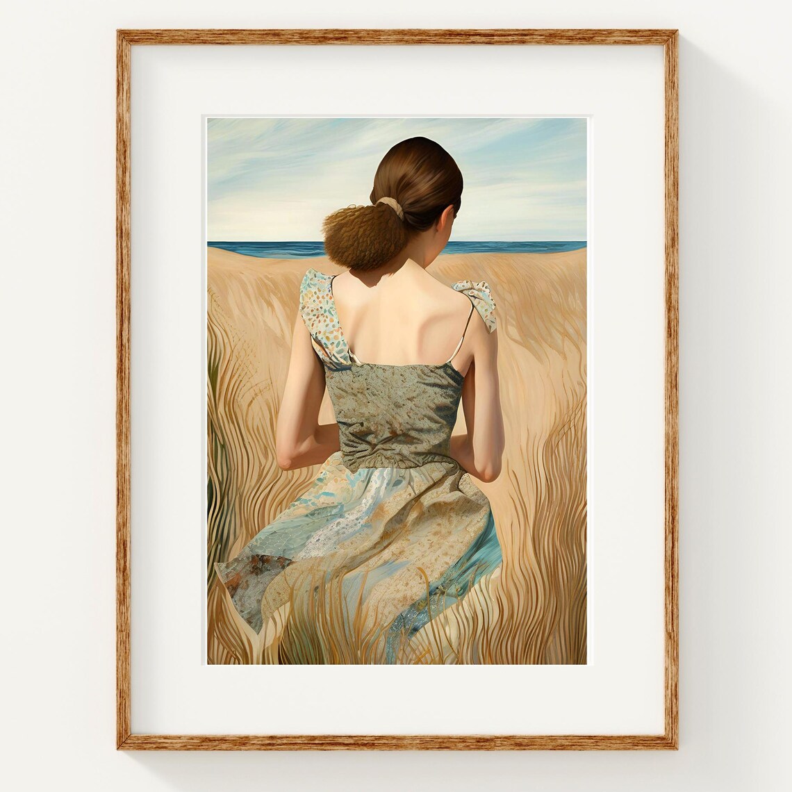 Woman Walking Beach Dunes Back View Coastal Seaside Art Poster