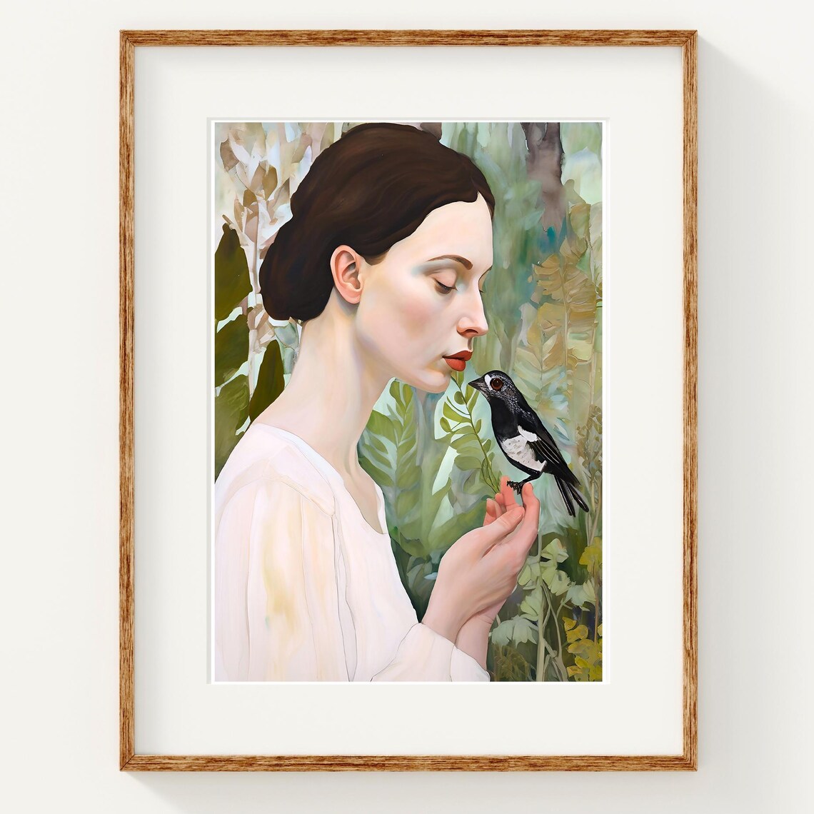 Woman Profile Holding Small Bird Botanical Fine Art Painting Poster