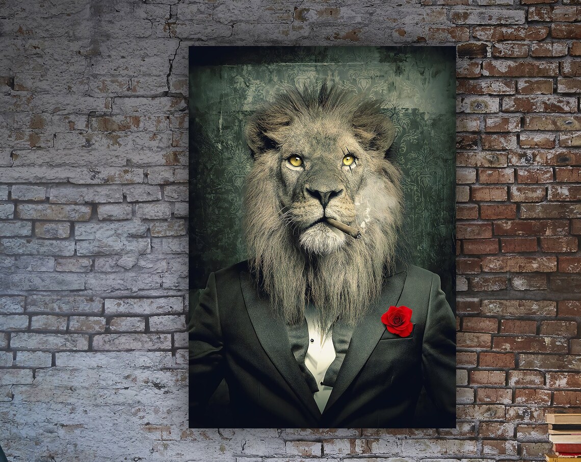 Lion In Suit Red Rose Cigar Vintage Style Funny Animal Poster - Image 3