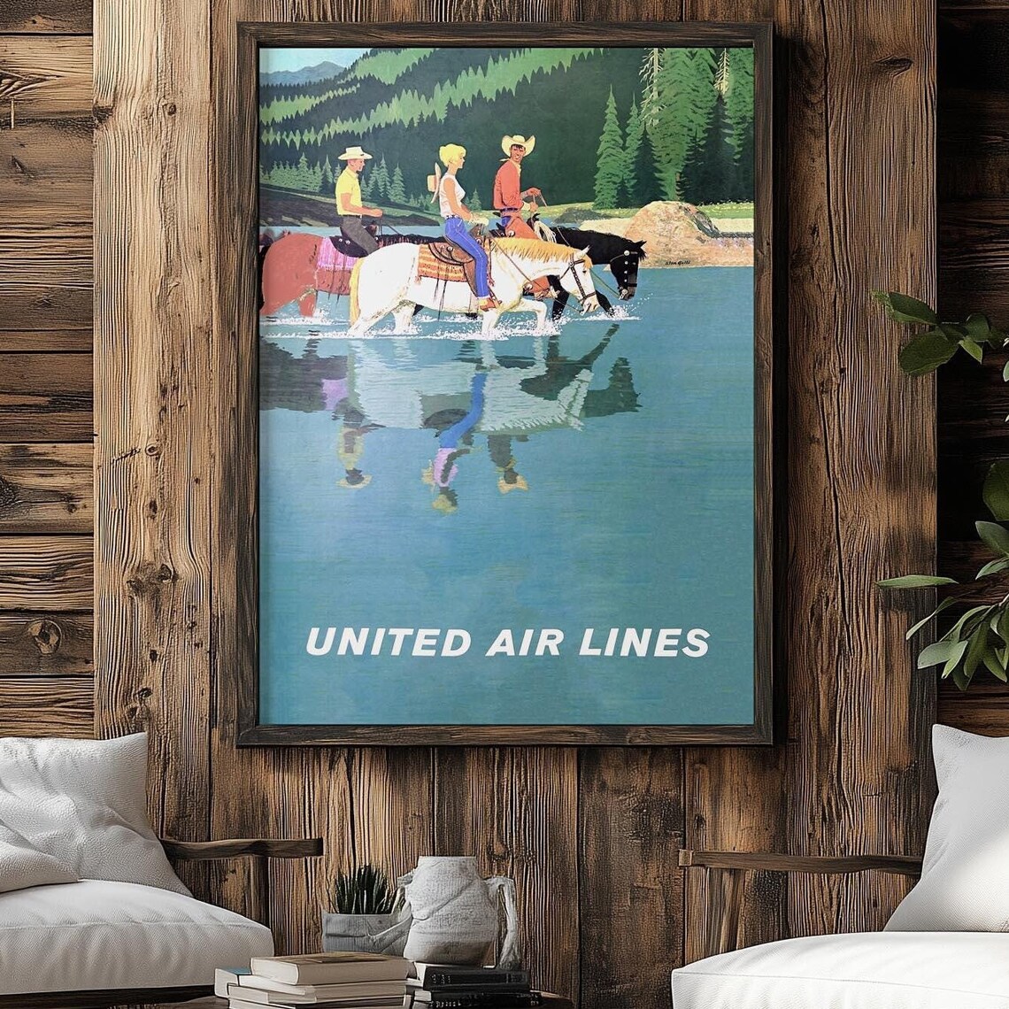 Vintage United Air Lines Travel Poster Horseback Riders Mountain Lake