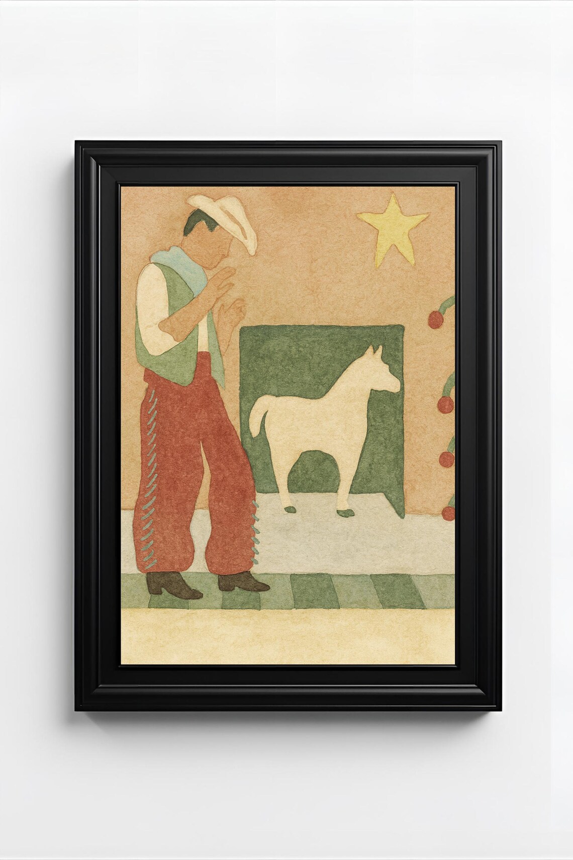 Folk Art Cowboy And Horse Naive Western Painting Rustic Star Poster