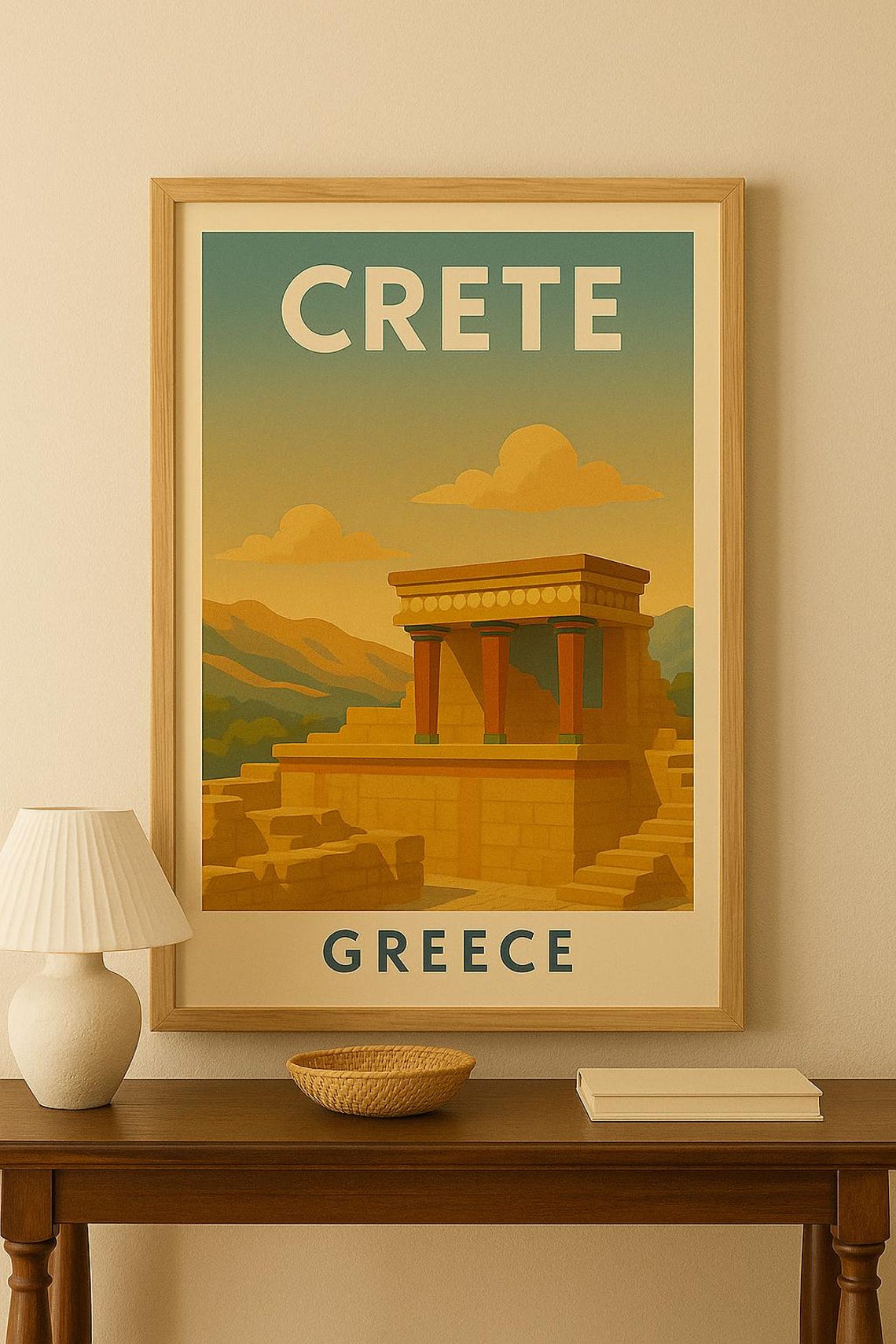 Crete Greece Vintage Travel Poster with Knossos Palace Ruins Artwork