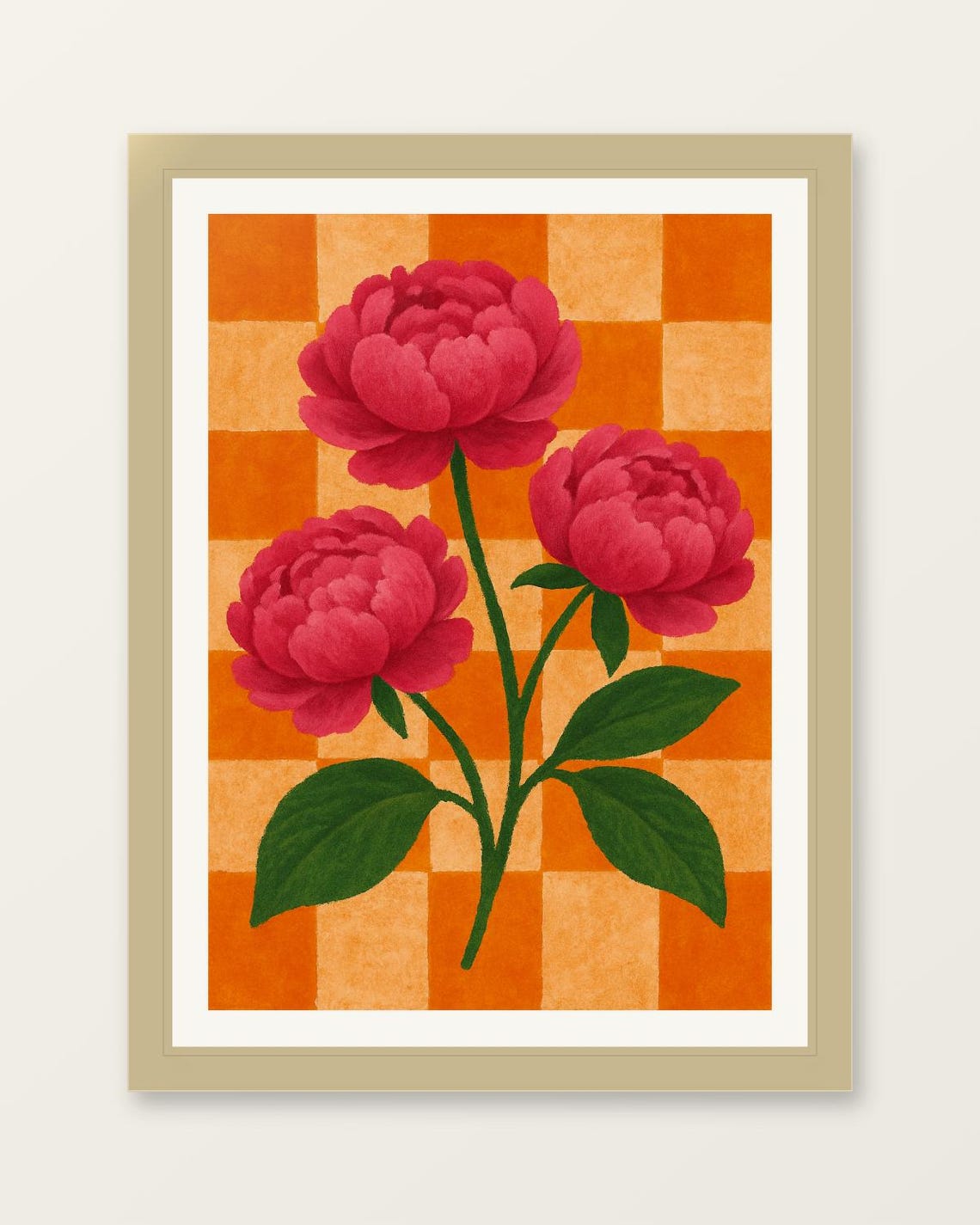 Pink Peonies On Bold Retro Orange Checkerboard Floral Art Poster