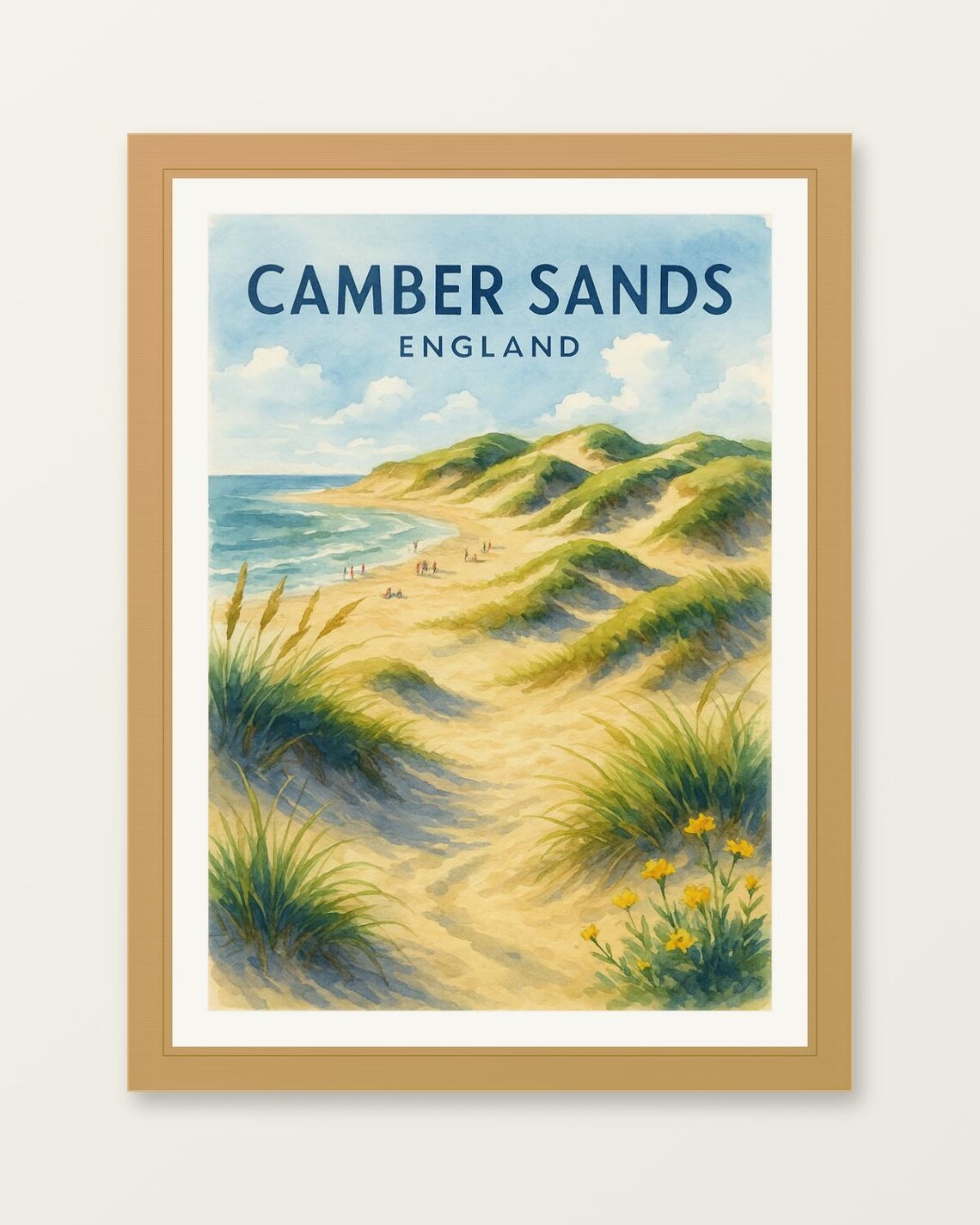Camber Sands England Sandy Beach Dunes Watercolor Travel Poster