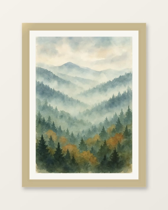 Misty Mountain Forest Watercolor Smoky Blue Fog Layers Poster