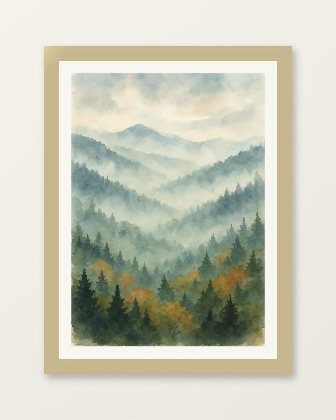 Misty Mountain Forest Watercolor Smoky Blue Fog Layers Poster
