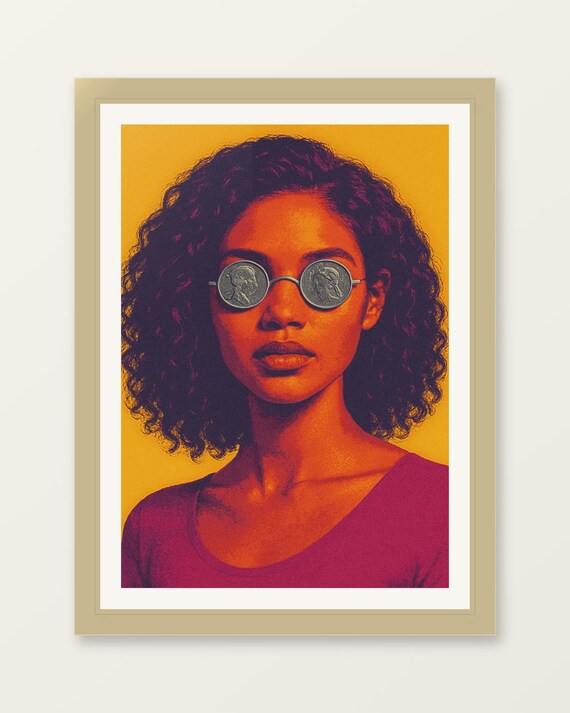 Pop Art Woman Coin Sunglasses Curly Hair Bold Portrait Poster