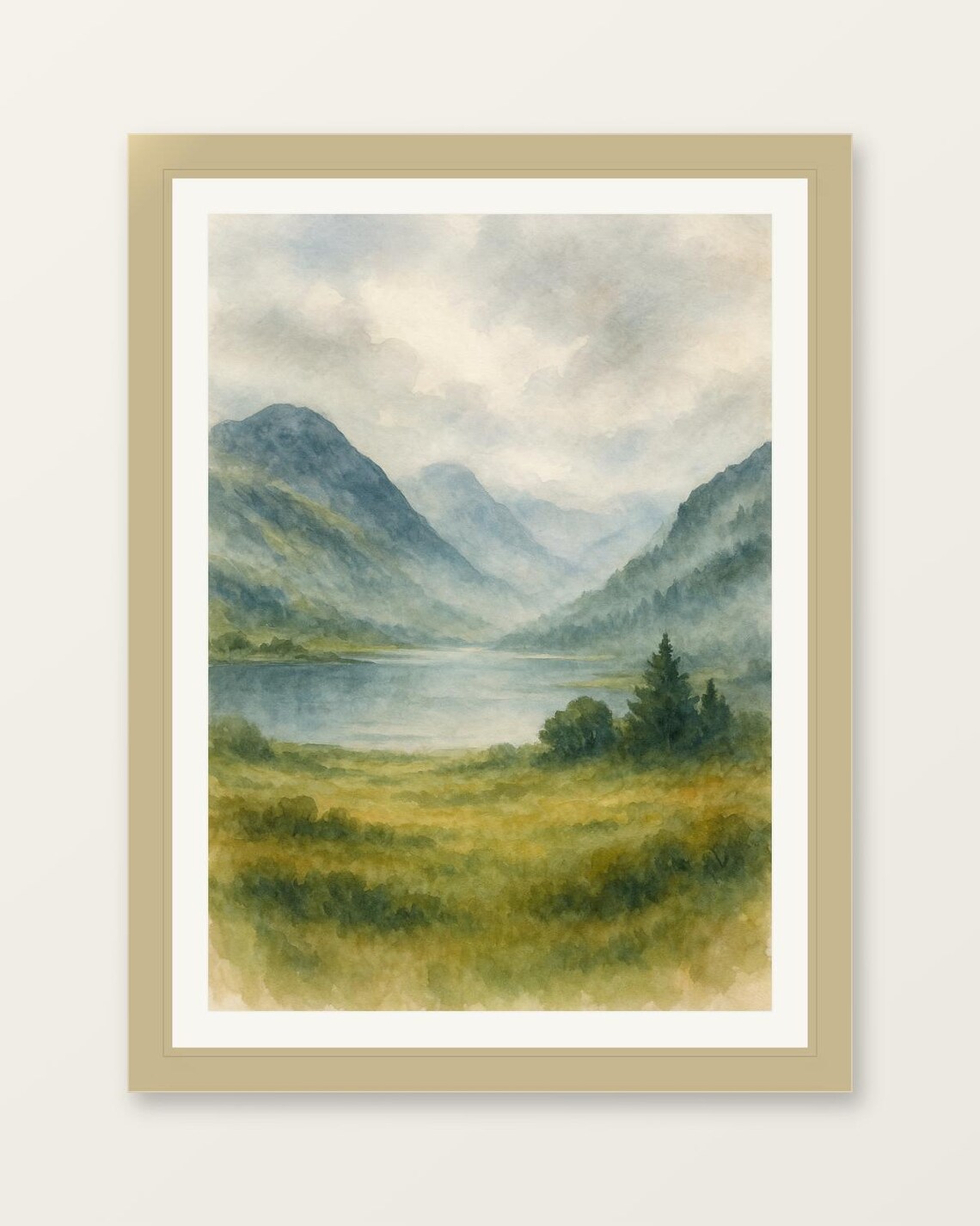 Misty Mountain Lake Valley Soft Watercolor Landscape Painting Poster