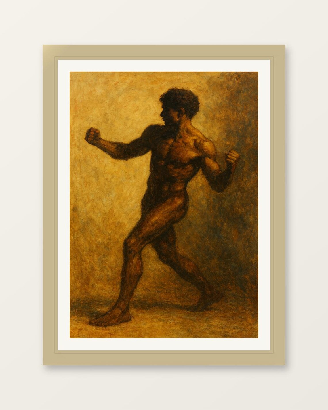 Charcoal Male Figure Classical Boxing Pose Sepia Academic Study Art Poster