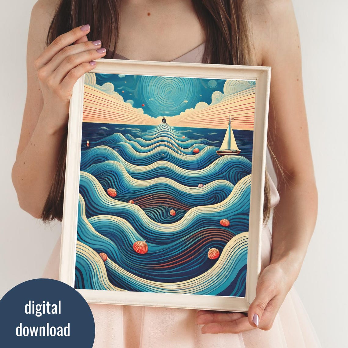 Surreal Blue Wave Ocean Sailboats Swirling Sky Abstract Art Poster