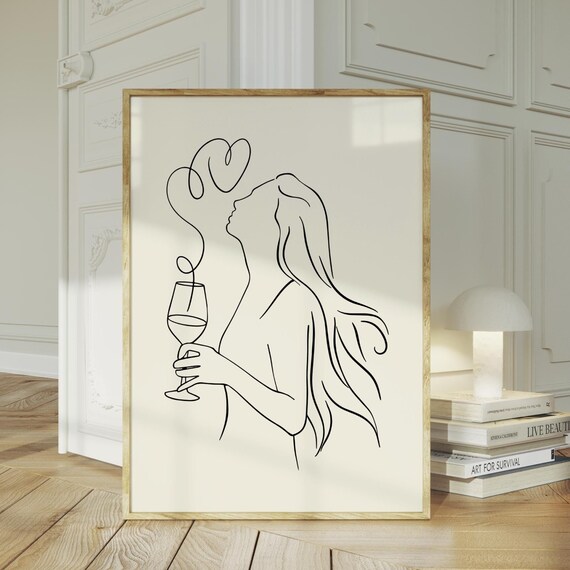 Woman Holding Wine Glass One Line Drawing Modern Bar Cart Wall Art