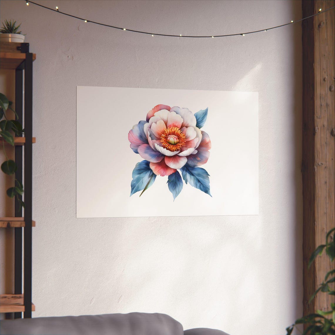 Blush Pink Peony Watercolor Orange Center Blue Leaves Poster - Image 2