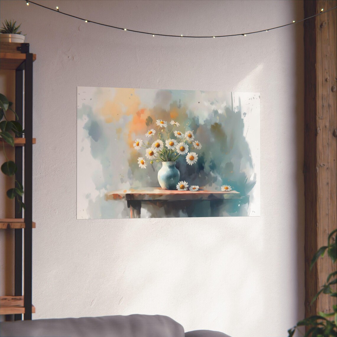 Sweet Fresh White Daisies in Rustic Vase Watercolor Floral Poster