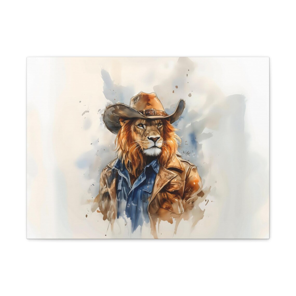 Lion Cowboy Denim Shirt Watercolor Portrait Light Airy Western Poster - Image 3