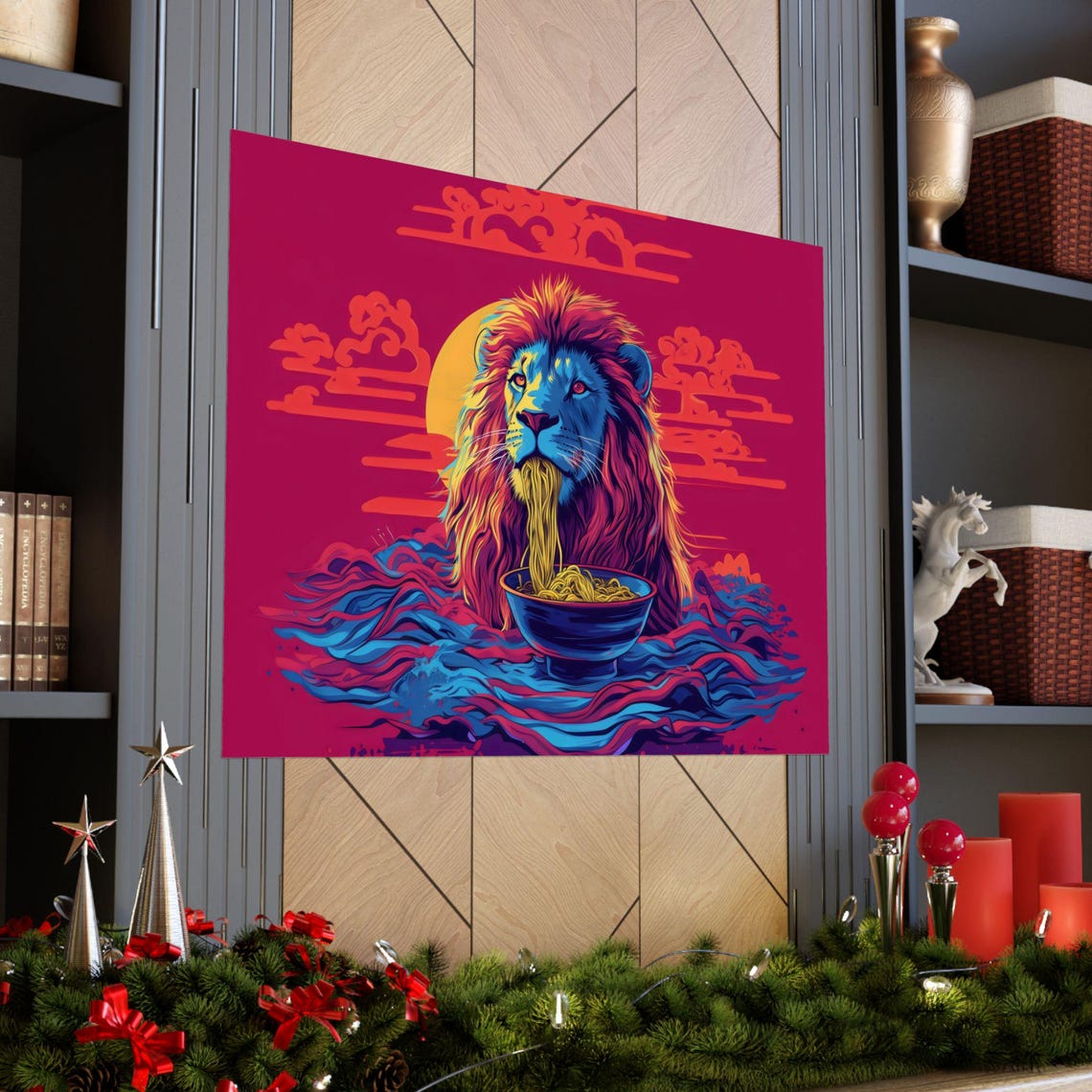 Pop Art Lion Slurping Ramen Bowl in Bright Bold Colors Poster - Image 3