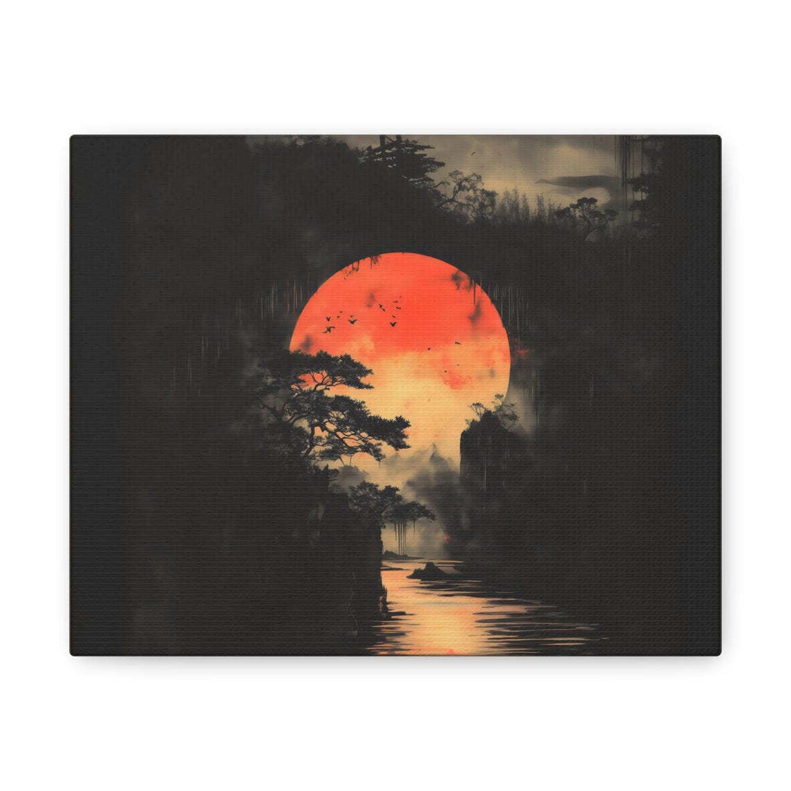 Giant Glowing Red Moon Rising Over Dark Misty River Valley Wall Art - Image 3