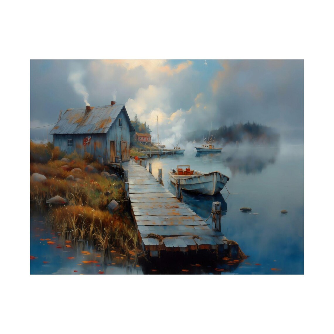Weathered Dock Lakeside Cabin Fishing Boats Foggy Harbor Poster - Image 3