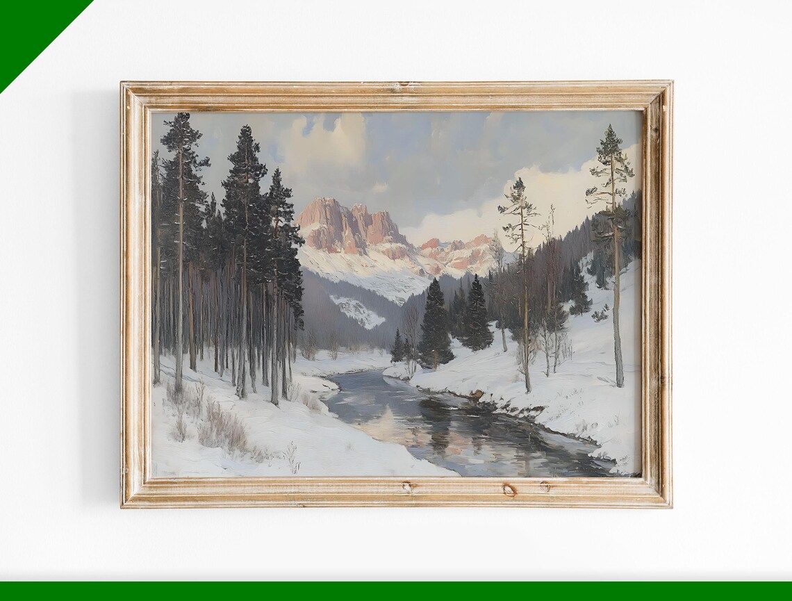 Icy Mountain Stream Winter Snowy Forest Peaks Oil Painting Poster