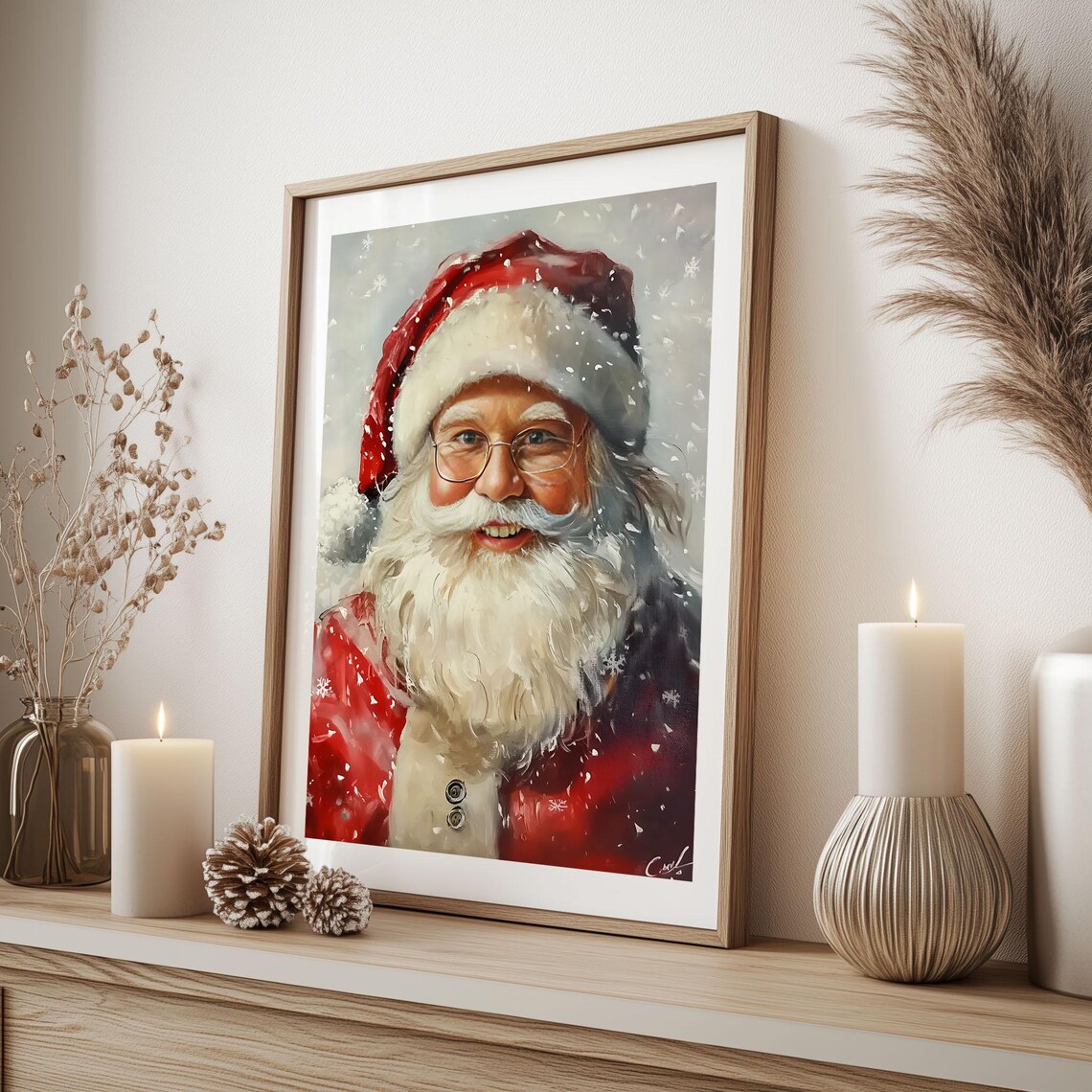 Smiling Santa Claus Portrait with Glasses in Falling Snow Poster - Image 2