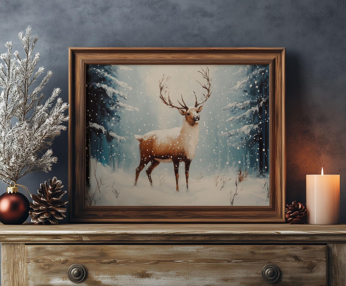Reindeer in Falling Snow Blue Winter Forest Vintage Painting Poster - Image 4
