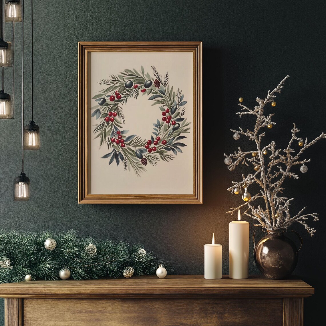 Watercolor Christmas Wreath Berry Pine Rustic Holiday Art Print - Image 4
