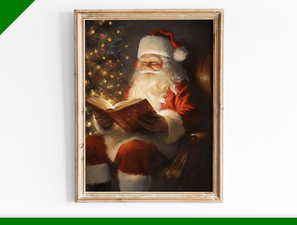 Vintage Santa Reading Book Christmas Tree Cozy Holiday Art Print