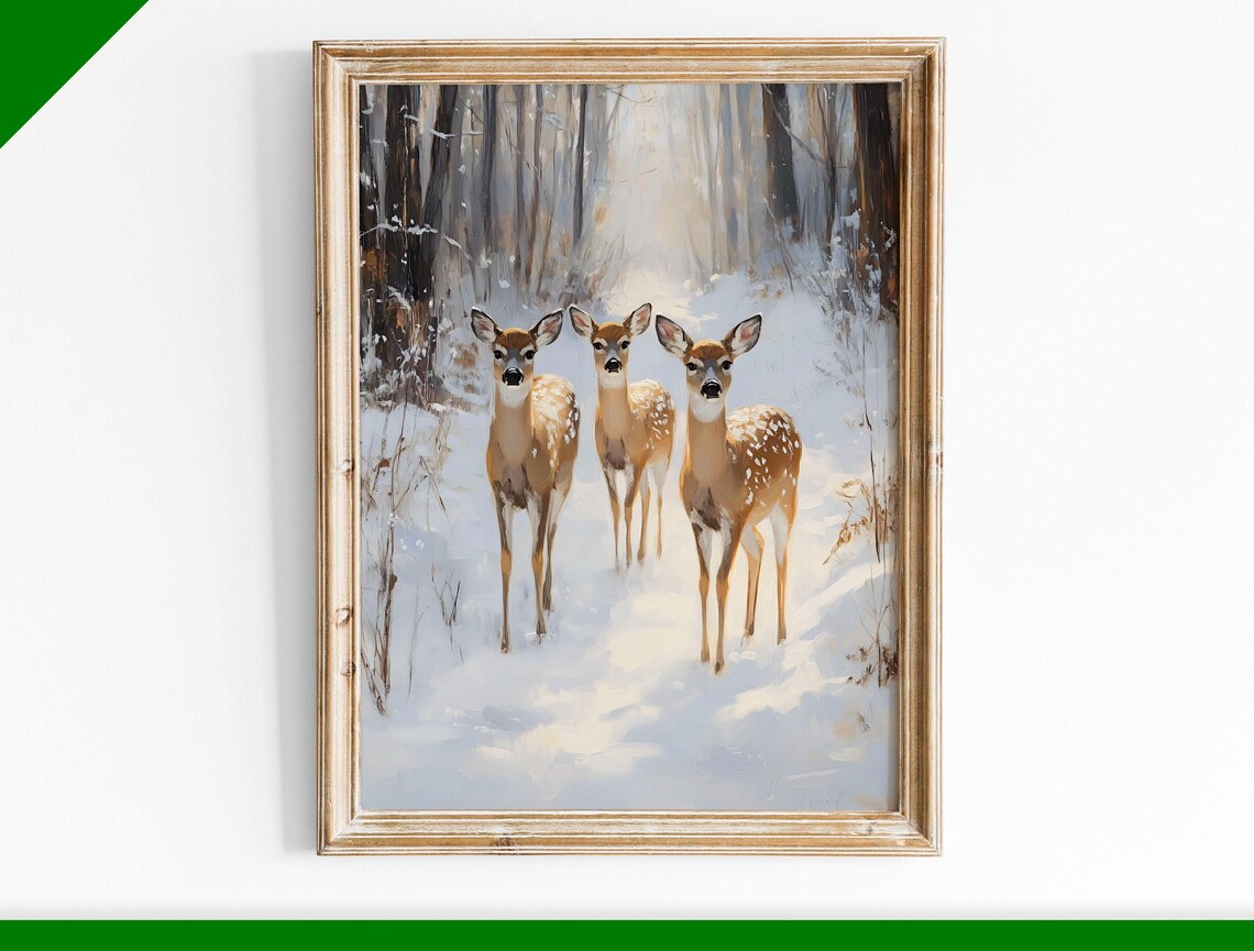 Three Deer Fawns in Snowy Winter Forest Vintage Wildlife Poster