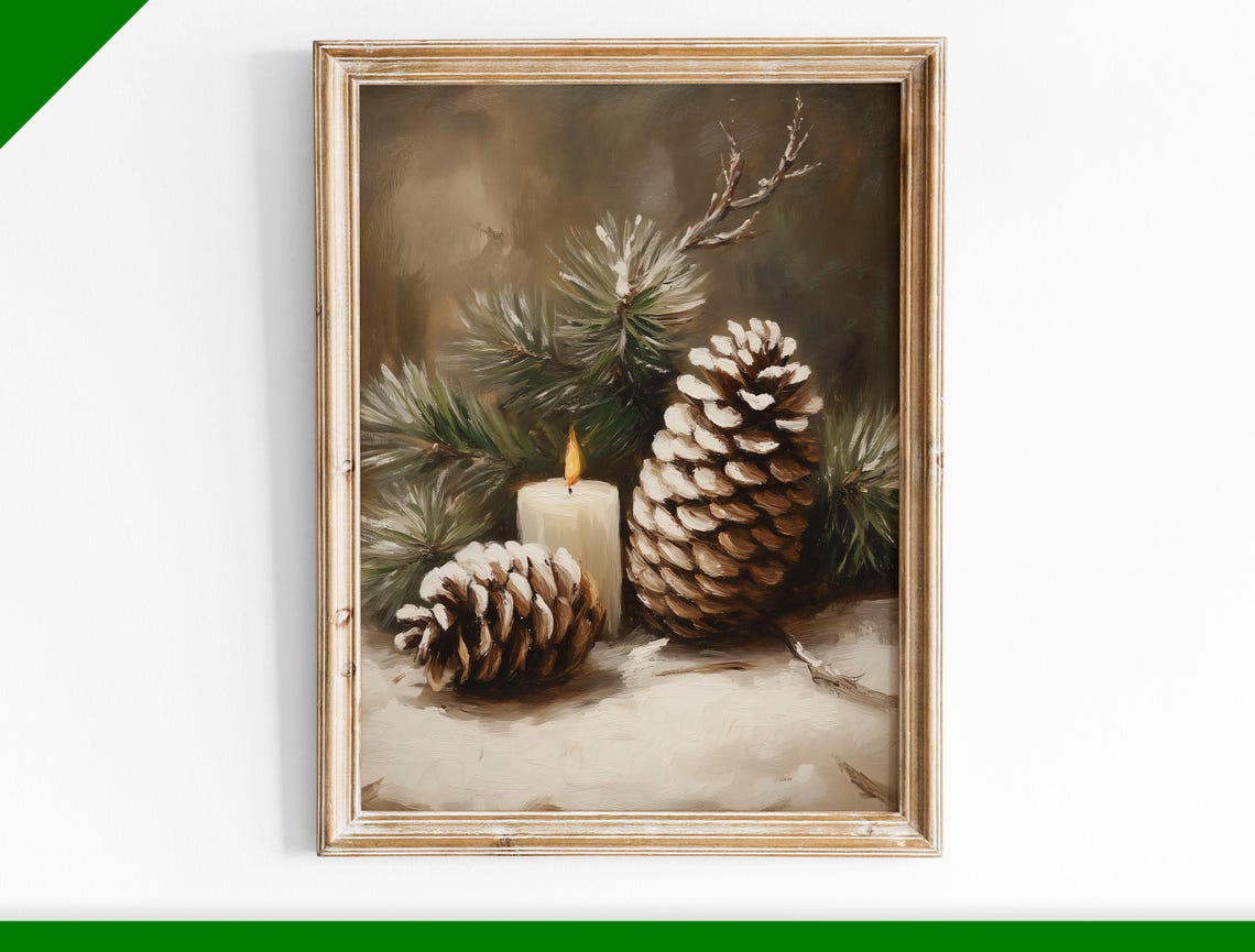 Pine Cones and Lit Candle Still Life Rustic Winter Decor Poster