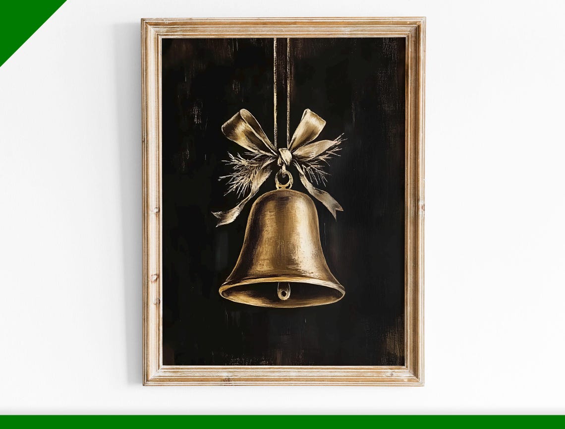 Golden Christmas Bell with Ribbon Bow on Black Vintage Poster